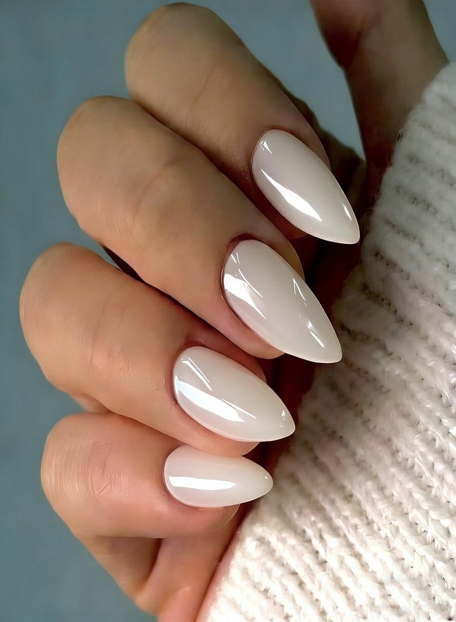 KQueenest Press On Nails Almond - Chrome Press On Nails Medium, Opaque Neutral Milky White Fake Nails with a Glazed Donut Finish, Thick Sparkly Soft Gel Glue on Nails for Women Bridal Wedding 24 Pcs - Image 1